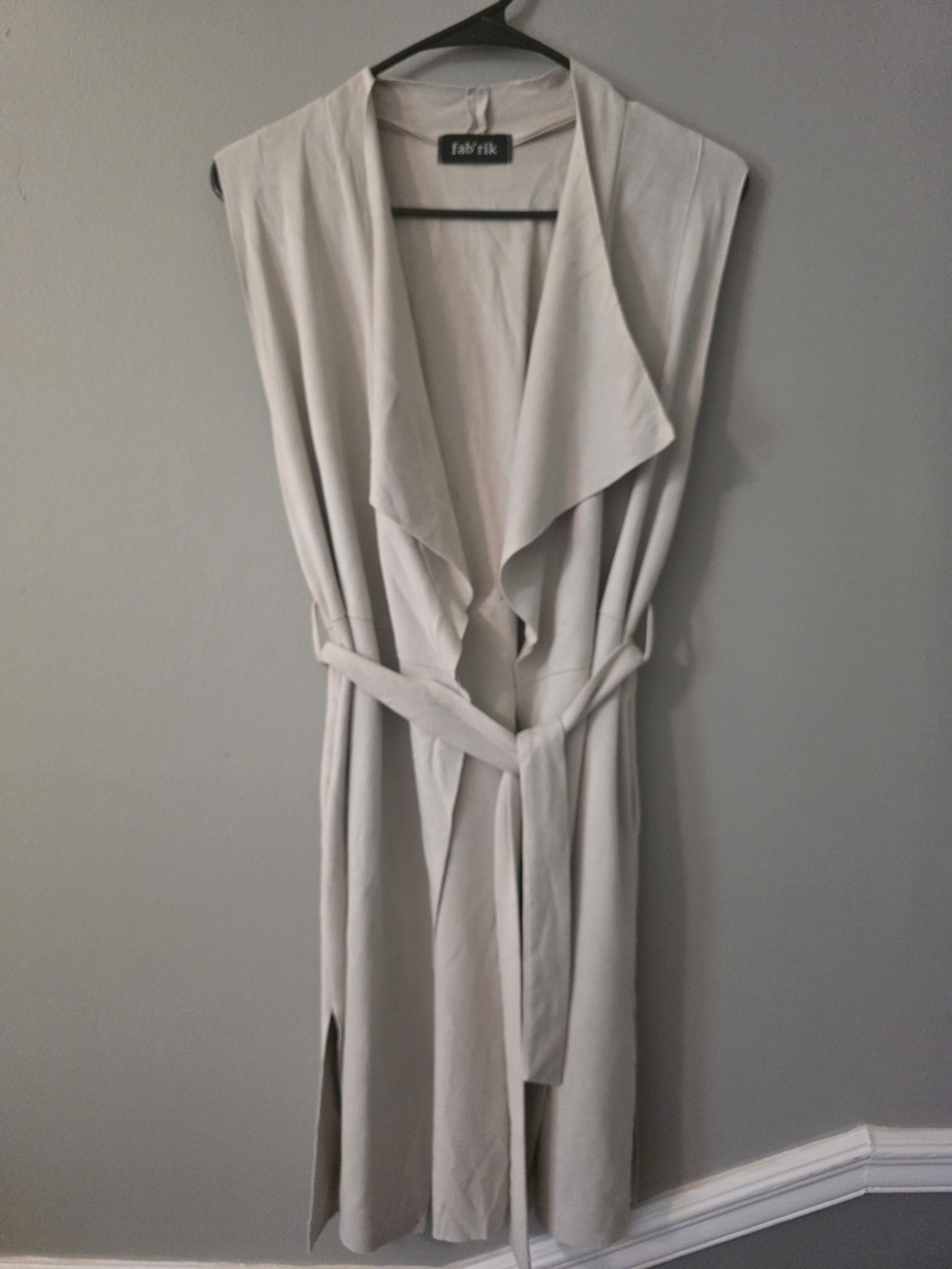 fab'rik Sleeveless Drape Front Belted Long Vest in Light Beige